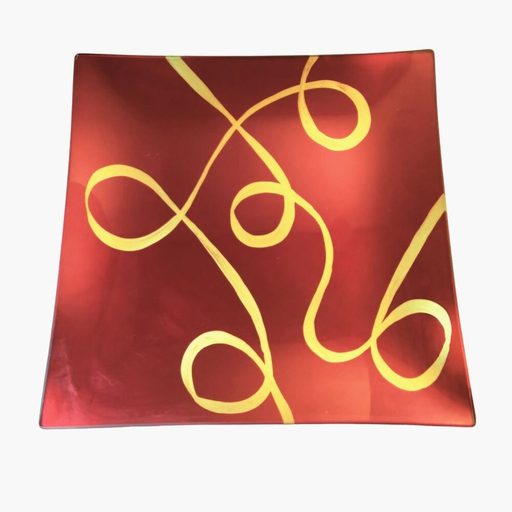 Imani International Square Plate Platter Abstract Red Gold Swirls 13 inch Square